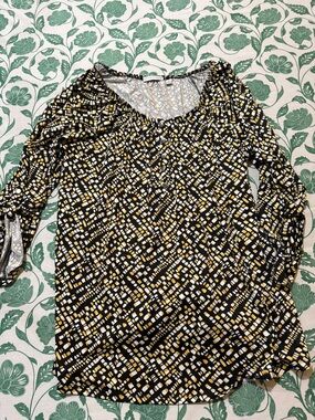 Womens Black Geometric Print Long Sleeve Top with Yellow Accents